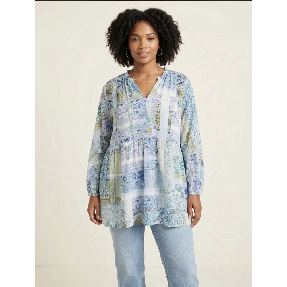 J Jill Patchwork Tunic Top M Blue Geometric Boho Flowy Lightweight 3/4 Sleeve